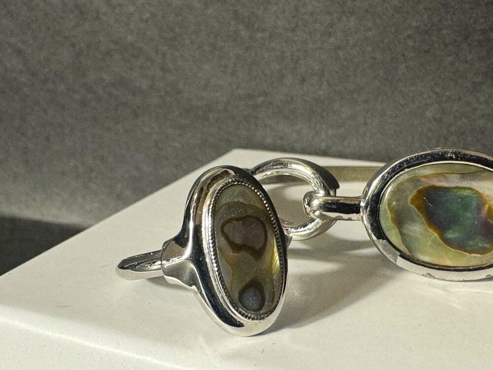 Vintage Avon 1978 Silver Gold Tone Abalone Bracelet & Adjustable Ring Set